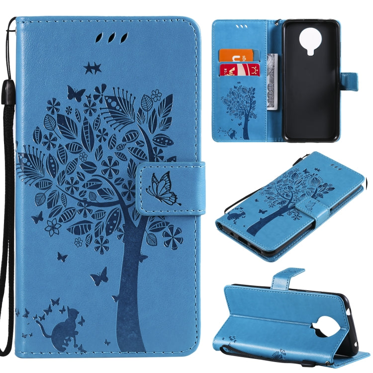 For Nokia 6.3 Tree & Cat Pattern Pressed Printing Horizontal Flip PU Leather Case with Holder & Card Slots & Wallet & Lanyard