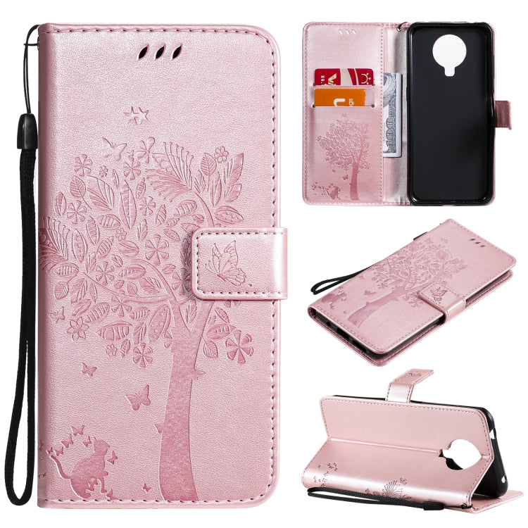 For Nokia 6.3 Tree & Cat Pattern Pressed Printing Horizontal Flip PU Leather Case with Holder & Card Slots & Wallet & Lanyard