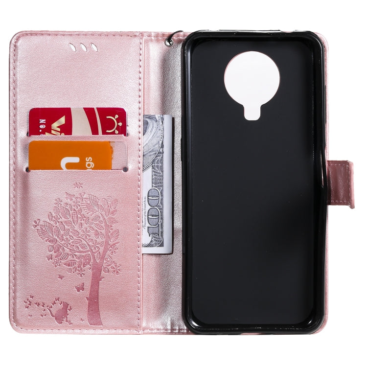 For Nokia 6.3 Tree & Cat Pattern Pressed Printing Horizontal Flip PU Leather Case with Holder & Card Slots & Wallet & Lanyard