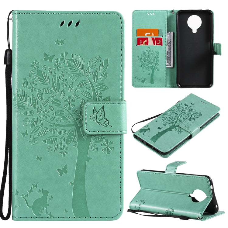 For Nokia 6.3 Tree & Cat Pattern Pressed Printing Horizontal Flip PU Leather Case with Holder & Card Slots & Wallet & Lanyard