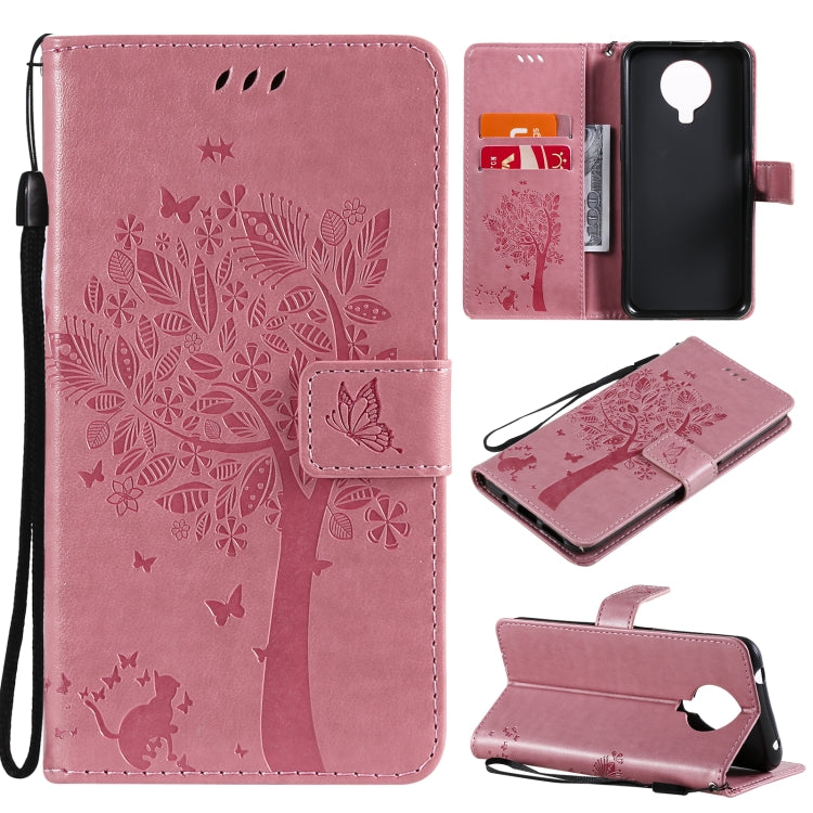 For Nokia G20 Tree & Cat Pattern Pressed Printing Horizontal Flip PU Leather Case with Holder & Card Slots & Wallet & Lanyard