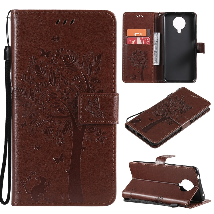 For Nokia G20 Tree & Cat Pattern Pressed Printing Horizontal Flip PU Leather Case with Holder & Card Slots & Wallet & Lanyard