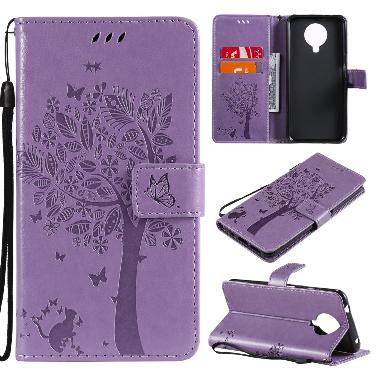 For Nokia G20 Tree & Cat Pattern Pressed Printing Horizontal Flip PU Leather Case with Holder & Card Slots & Wallet & Lanyard