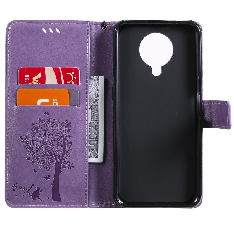 For Nokia G20 Tree & Cat Pattern Pressed Printing Horizontal Flip PU Leather Case with Holder & Card Slots & Wallet & Lanyard