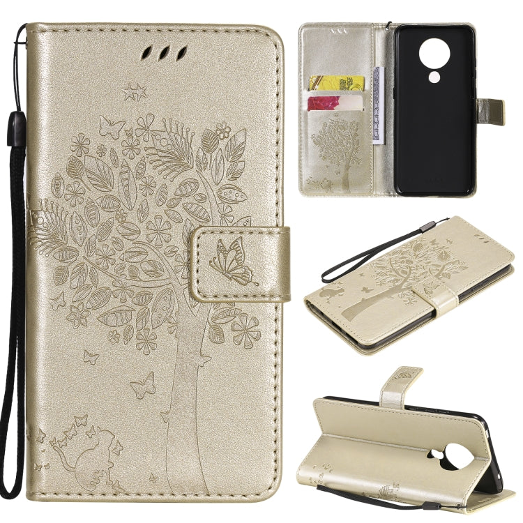 For Nokia 5.3 Tree & Cat Pattern Pressed Printing Horizontal Flip PU Leather Case with Holder & Card Slots & Wallet & Lanyard