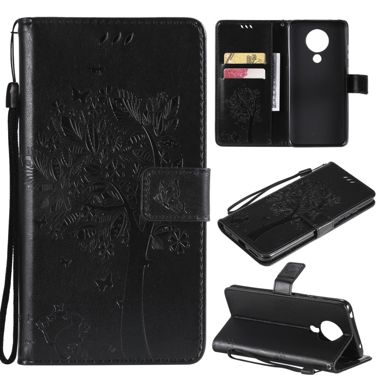 For Nokia 5.3 Tree & Cat Pattern Pressed Printing Horizontal Flip PU Leather Case with Holder & Card Slots & Wallet & Lanyard