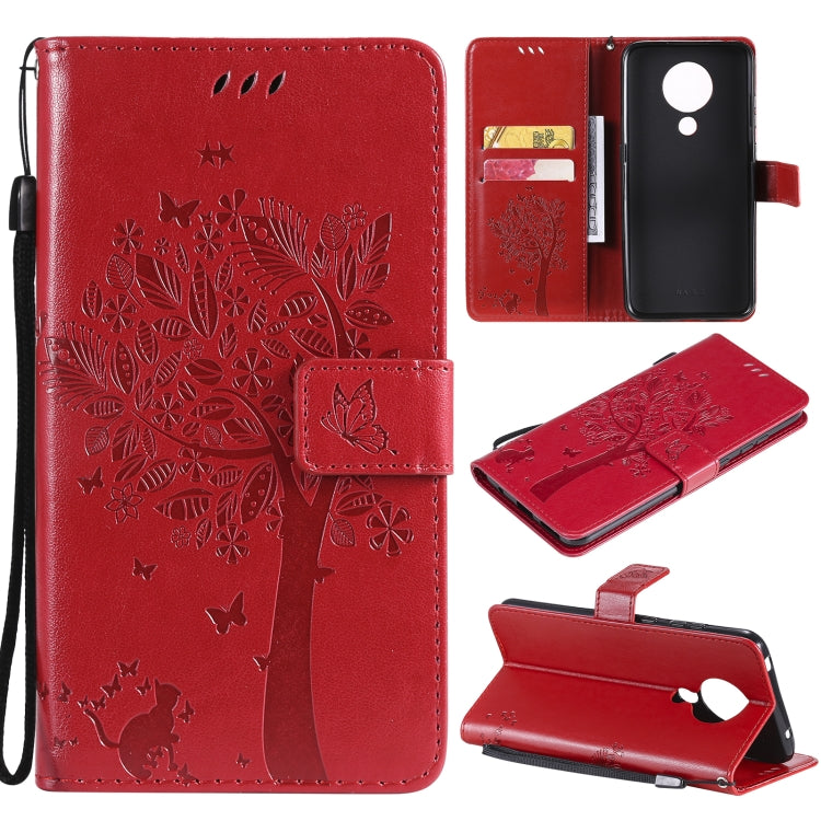 For Nokia 5.3 Tree & Cat Pattern Pressed Printing Horizontal Flip PU Leather Case with Holder & Card Slots & Wallet & Lanyard