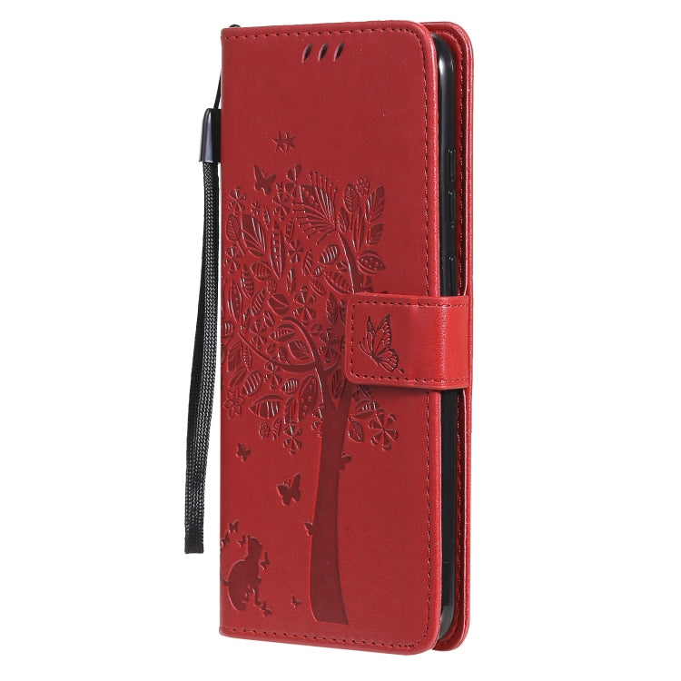 For Nokia 5.3 Tree & Cat Pattern Pressed Printing Horizontal Flip PU Leather Case with Holder & Card Slots & Wallet & Lanyard