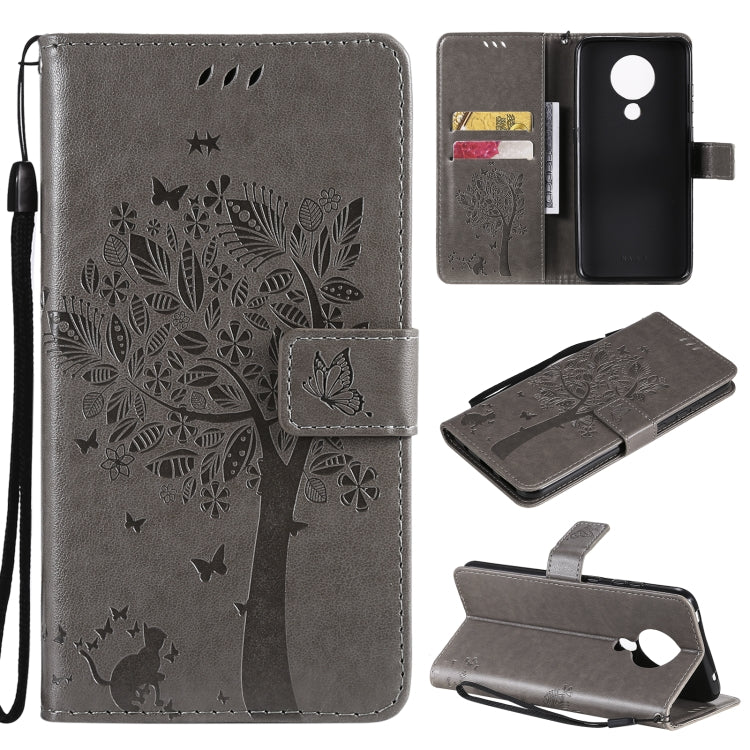 For Nokia 5.3 Tree & Cat Pattern Pressed Printing Horizontal Flip PU Leather Case with Holder & Card Slots & Wallet & Lanyard