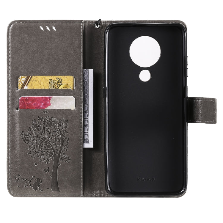 For Nokia 5.3 Tree & Cat Pattern Pressed Printing Horizontal Flip PU Leather Case with Holder & Card Slots & Wallet & Lanyard