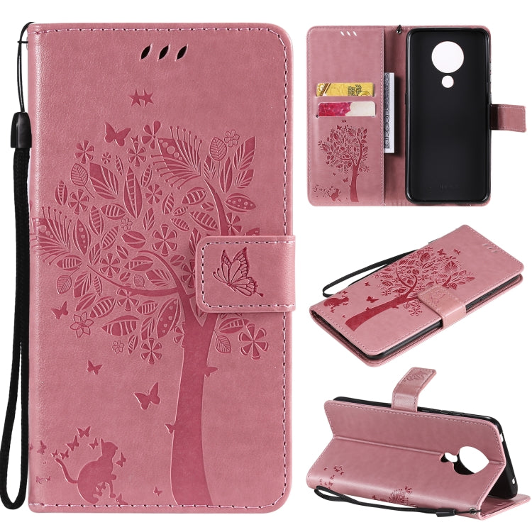 For Nokia 5.3 Tree & Cat Pattern Pressed Printing Horizontal Flip PU Leather Case with Holder & Card Slots & Wallet & Lanyard