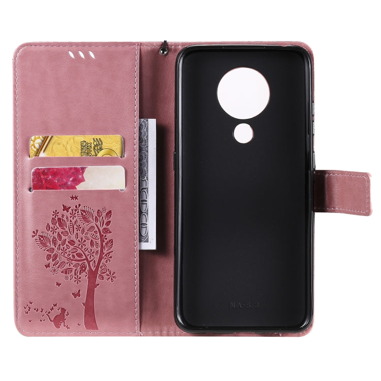 For Nokia 5.3 Tree & Cat Pattern Pressed Printing Horizontal Flip PU Leather Case with Holder & Card Slots & Wallet & Lanyard