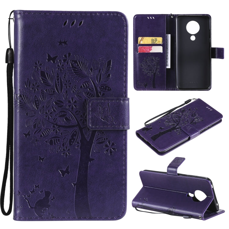 For Nokia 5.3 Tree & Cat Pattern Pressed Printing Horizontal Flip PU Leather Case with Holder & Card Slots & Wallet & Lanyard