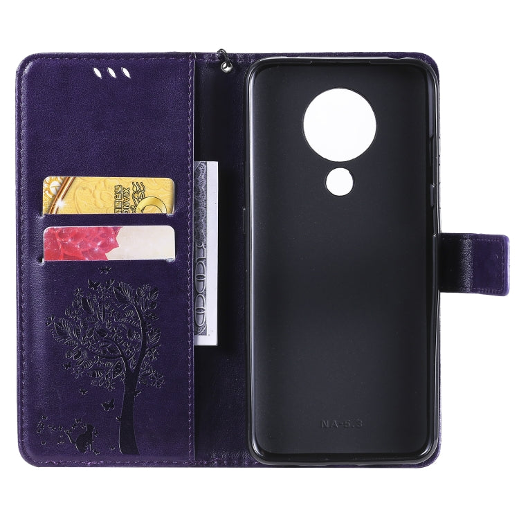 For Nokia 5.3 Tree & Cat Pattern Pressed Printing Horizontal Flip PU Leather Case with Holder & Card Slots & Wallet & Lanyard
