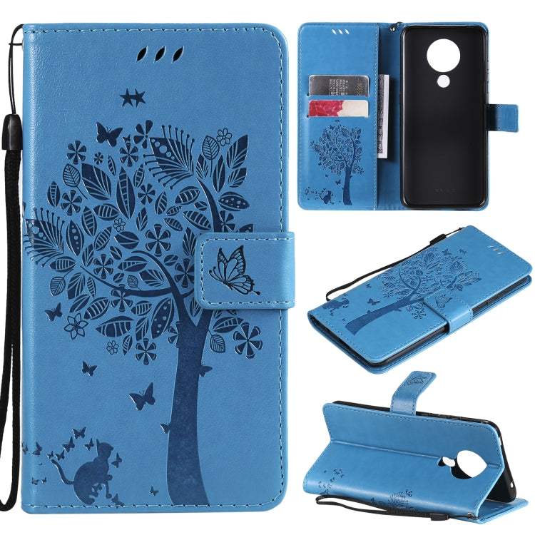 For Nokia 5.3 Tree & Cat Pattern Pressed Printing Horizontal Flip PU Leather Case with Holder & Card Slots & Wallet & Lanyard
