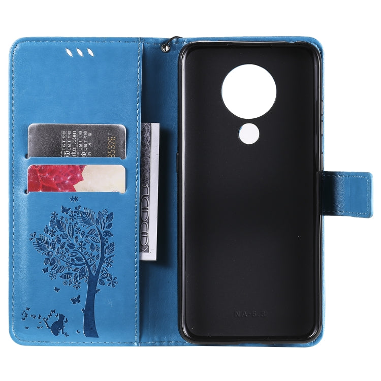 For Nokia 5.3 Tree & Cat Pattern Pressed Printing Horizontal Flip PU Leather Case with Holder & Card Slots & Wallet & Lanyard