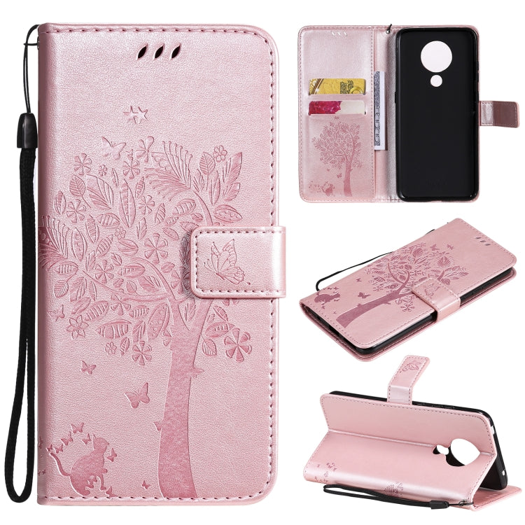 For Nokia 5.3 Tree & Cat Pattern Pressed Printing Horizontal Flip PU Leather Case with Holder & Card Slots & Wallet & Lanyard