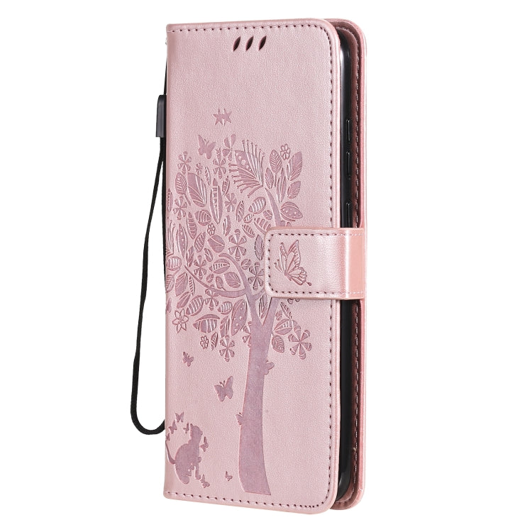 For Nokia 5.3 Tree & Cat Pattern Pressed Printing Horizontal Flip PU Leather Case with Holder & Card Slots & Wallet & Lanyard