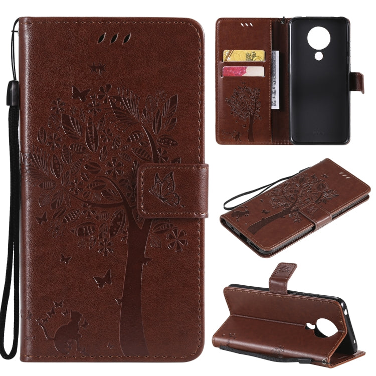 For Nokia 5.3 Tree & Cat Pattern Pressed Printing Horizontal Flip PU Leather Case with Holder & Card Slots & Wallet & Lanyard