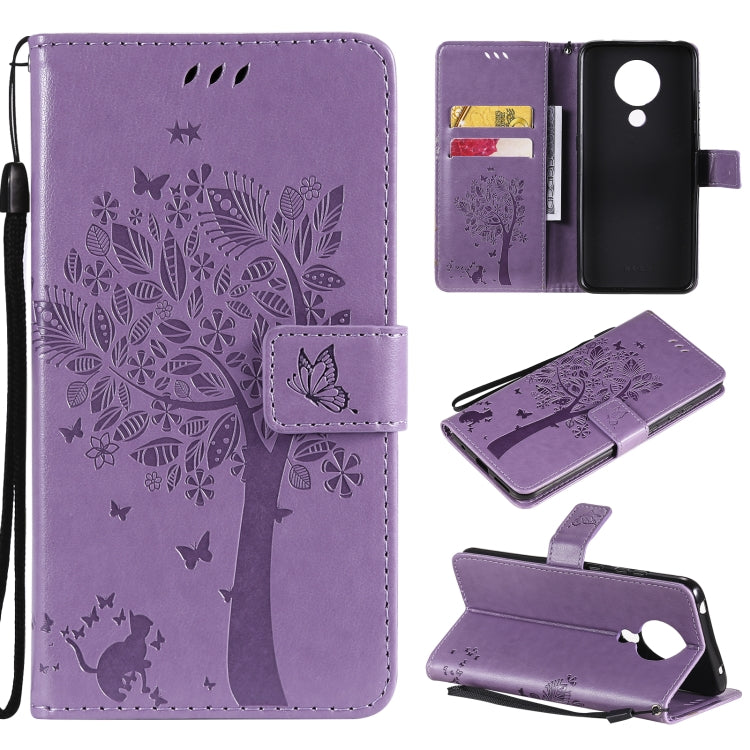 For Nokia 5.3 Tree & Cat Pattern Pressed Printing Horizontal Flip PU Leather Case with Holder & Card Slots & Wallet & Lanyard
