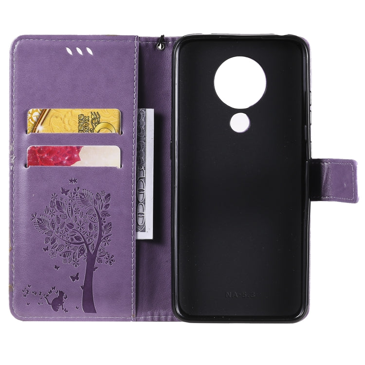 For Nokia 5.3 Tree & Cat Pattern Pressed Printing Horizontal Flip PU Leather Case with Holder & Card Slots & Wallet & Lanyard