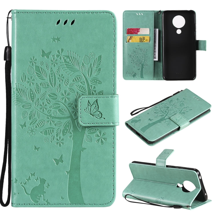 For Nokia 5.3 Tree & Cat Pattern Pressed Printing Horizontal Flip PU Leather Case with Holder & Card Slots & Wallet & Lanyard