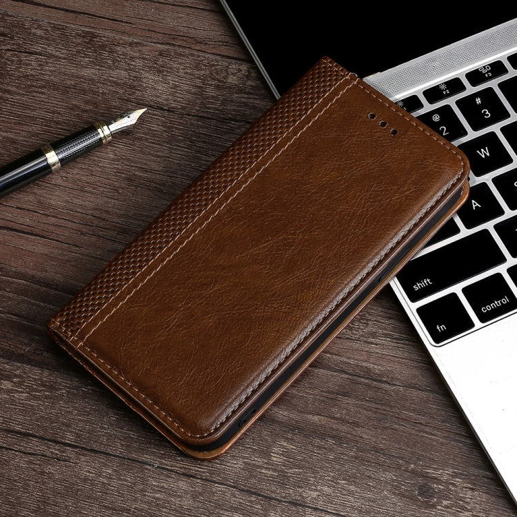 For Samsung Galaxy A10s Grid Texture Magnetic PU + TPU Horizontal Flip Leather Case with Holder & Card Slot