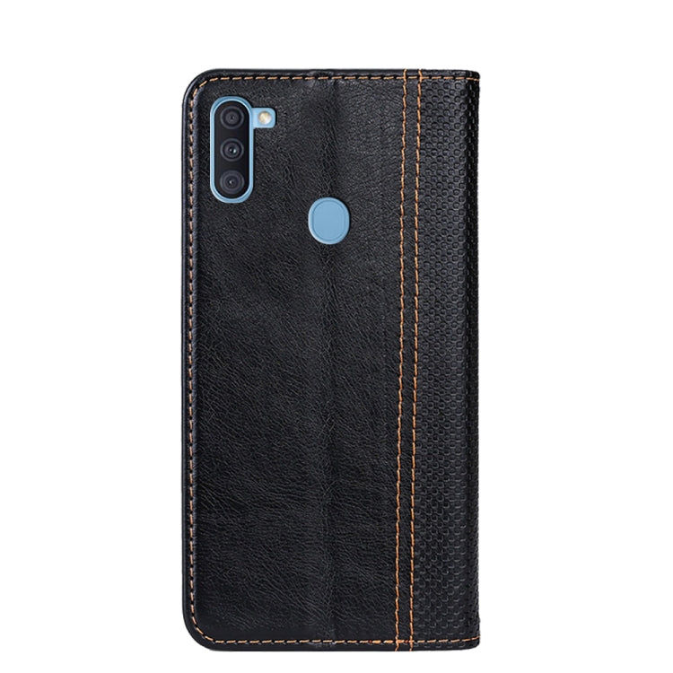 For Samsung Galaxy A11 EU Version Grid Texture Magnetic PU + TPU Horizontal Flip Leather Case with Holder & Card Slot