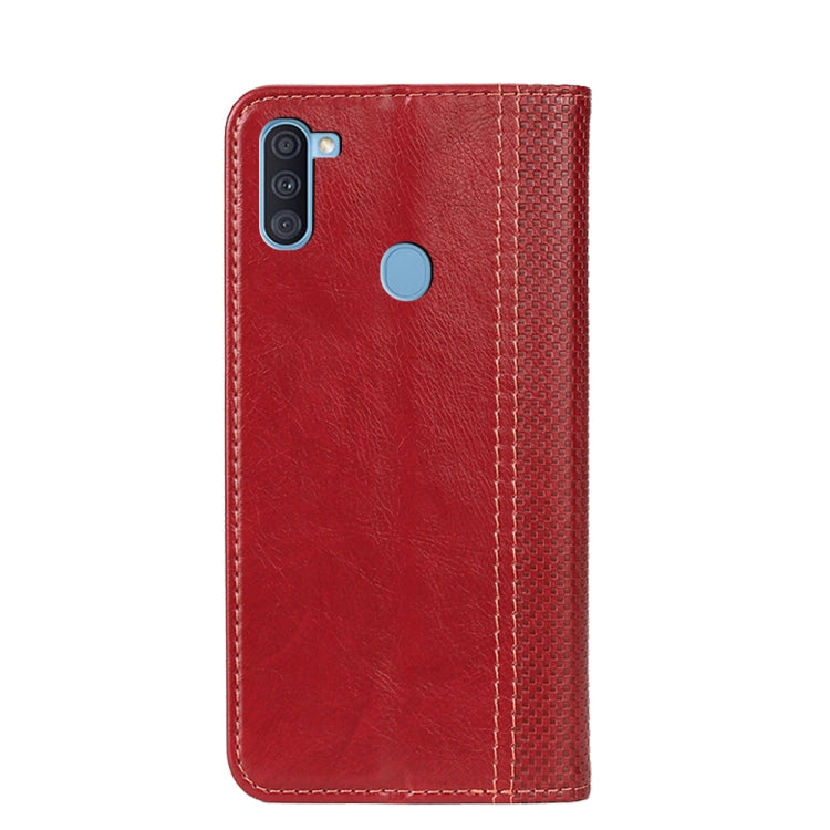 For Samsung Galaxy A11 EU Version Grid Texture Magnetic PU + TPU Horizontal Flip Leather Case with Holder & Card Slot