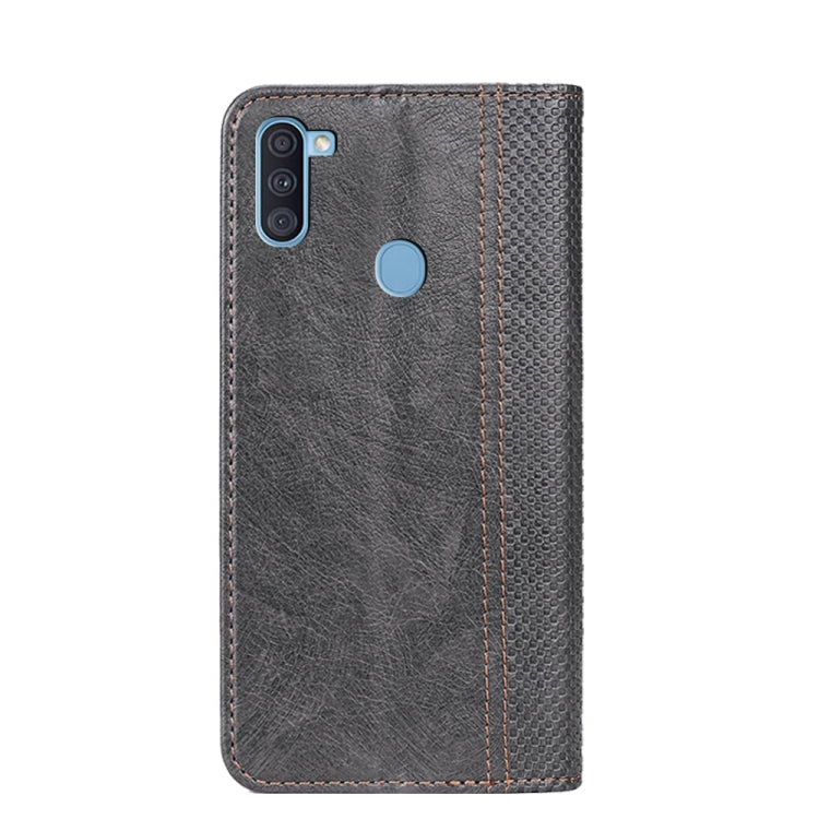 For Samsung Galaxy A11 EU Version Grid Texture Magnetic PU + TPU Horizontal Flip Leather Case with Holder & Card Slot