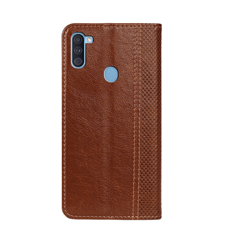 For Samsung Galaxy A11 EU Version Grid Texture Magnetic PU + TPU Horizontal Flip Leather Case with Holder & Card Slot