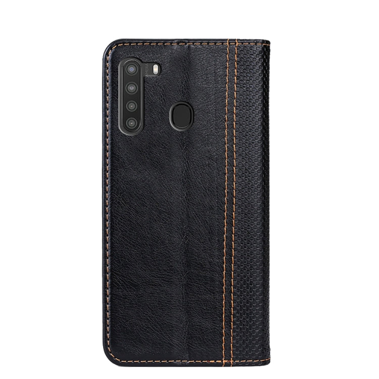 For Samsung Galaxy A21 Grid Texture Magnetic PU + TPU Horizontal Flip Leather Case with Holder & Card Slot