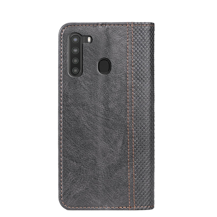 For Samsung Galaxy A21 Grid Texture Magnetic PU + TPU Horizontal Flip Leather Case with Holder & Card Slot