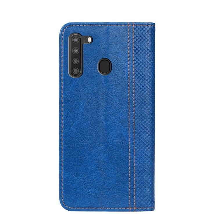 For Samsung Galaxy A21 Grid Texture Magnetic PU + TPU Horizontal Flip Leather Case with Holder & Card Slot