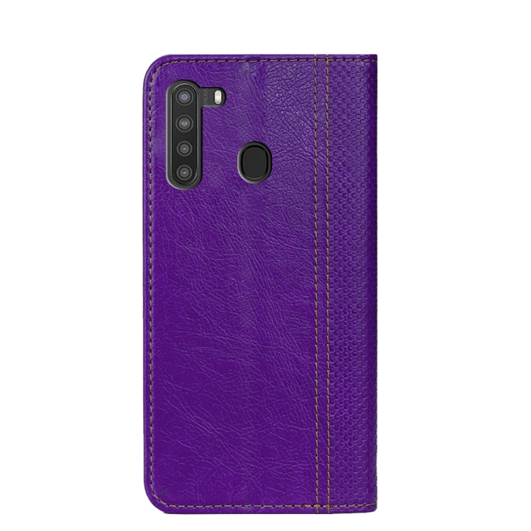 For Samsung Galaxy A21 Grid Texture Magnetic PU + TPU Horizontal Flip Leather Case with Holder & Card Slot