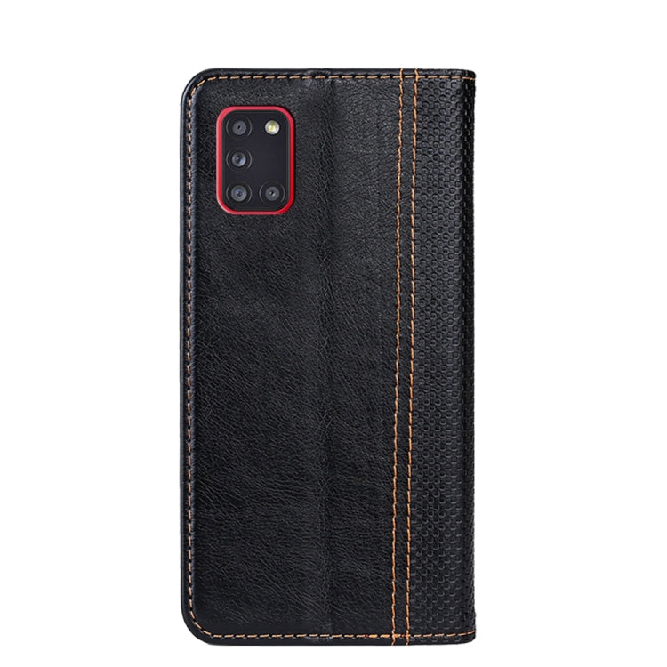 For Samsung Galaxy A31 Grid Texture Magnetic PU + TPU Horizontal Flip Leather Case with Holder & Card Slot