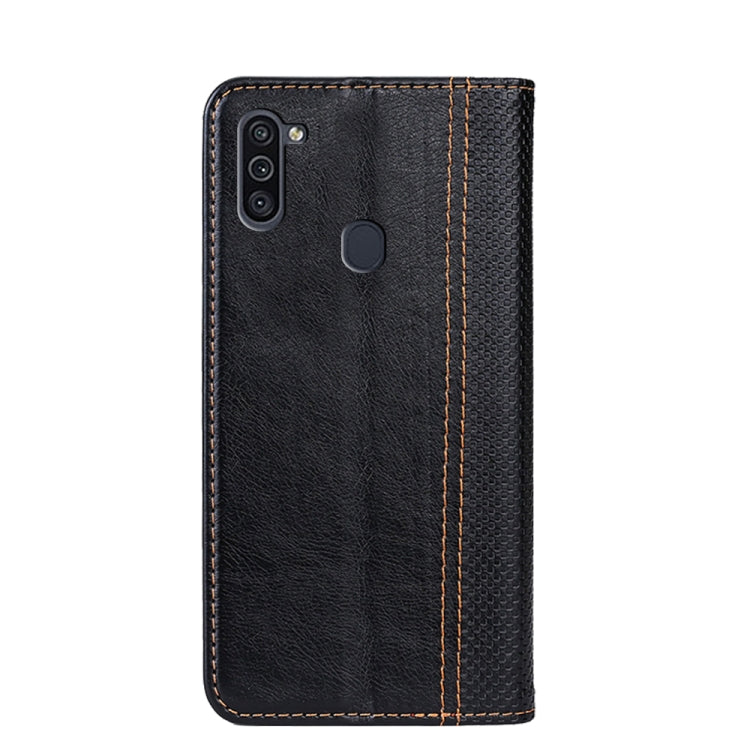 For Samsung Galaxy M11 Grid Texture Magnetic PU + TPU Horizontal Flip Leather Case with Holder & Card Slot