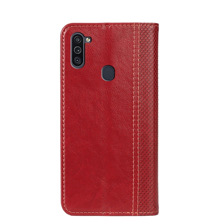 For Samsung Galaxy M11 Grid Texture Magnetic PU + TPU Horizontal Flip Leather Case with Holder & Card Slot