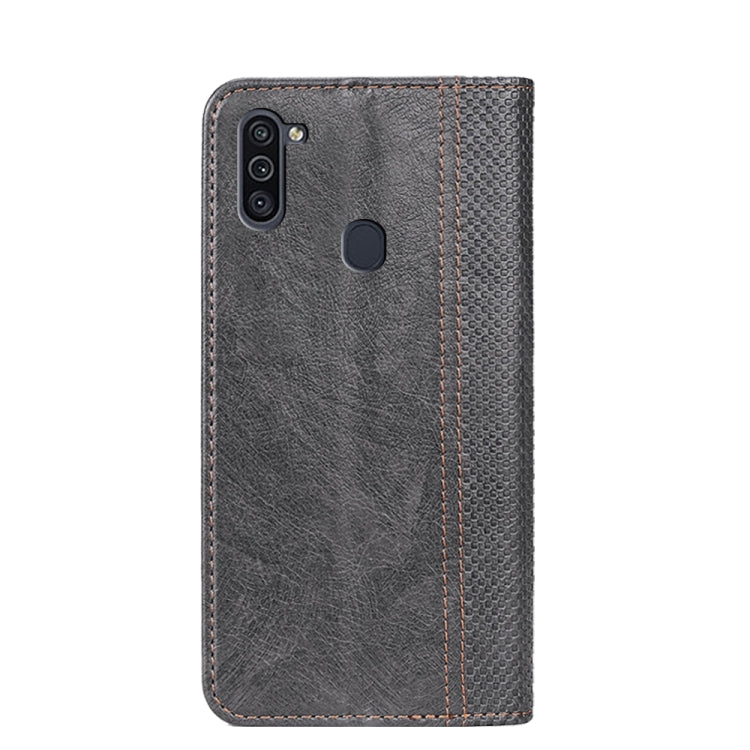 For Samsung Galaxy M11 Grid Texture Magnetic PU + TPU Horizontal Flip Leather Case with Holder & Card Slot