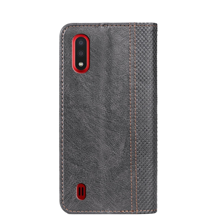 For Samsung Galaxy A01 EU Version Grid Texture Magnetic PU + TPU Horizontal Flip Leather Case with Holder & Card Slot