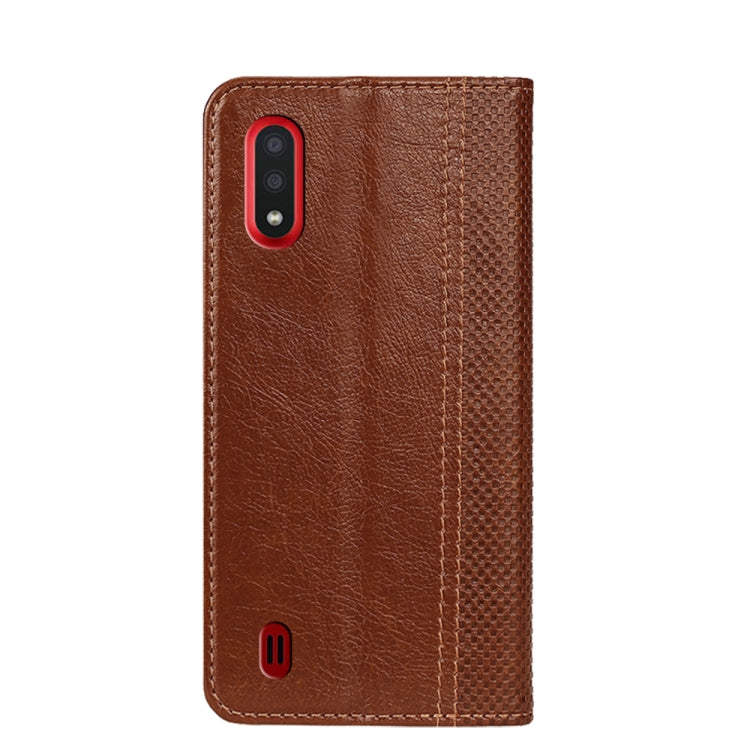For Samsung Galaxy A01 EU Version Grid Texture Magnetic PU + TPU Horizontal Flip Leather Case with Holder & Card Slot