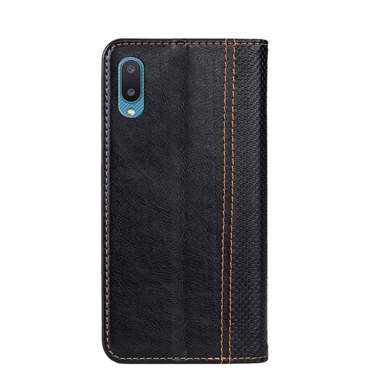 For Samsung Galaxy A02 Grid Texture Magnetic PU + TPU Horizontal Flip Leather Case with Holder & Card Slot