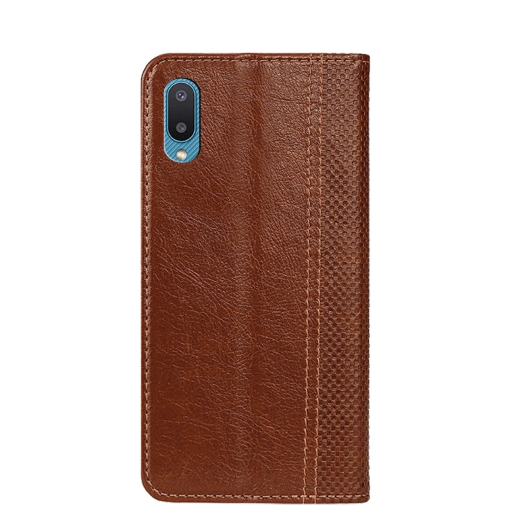 For Samsung Galaxy A02 Grid Texture Magnetic PU + TPU Horizontal Flip Leather Case with Holder & Card Slot