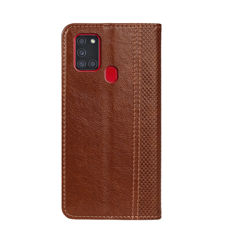 For Samsung Galaxy A21s Grid Texture Magnetic PU + TPU Horizontal Flip Leather Case with Holder & Card Slot