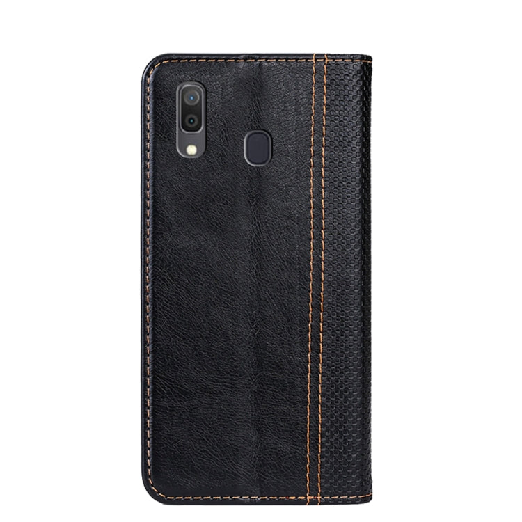 For Samsung Galaxy A30 Grid Texture Magnetic PU + TPU Horizontal Flip Leather Case with Holder & Card Slot