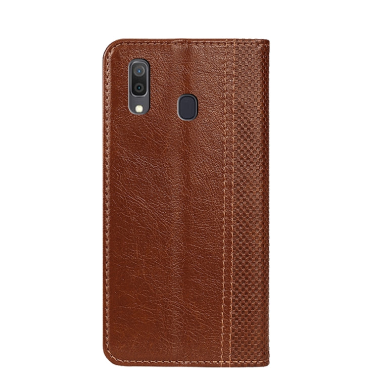 For Samsung Galaxy A30 Grid Texture Magnetic PU + TPU Horizontal Flip Leather Case with Holder & Card Slot