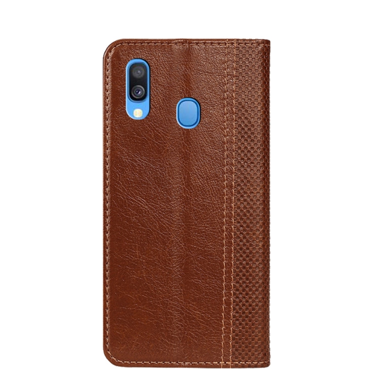 For Samsung Galaxy A40 Grid Texture Magnetic PU + TPU Horizontal Flip Leather Case with Holder & Card Slot