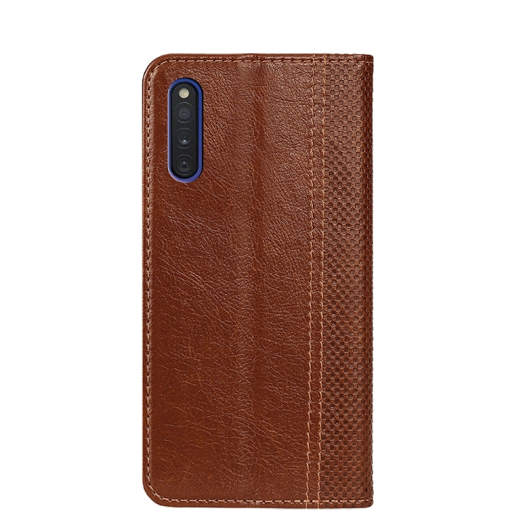 For Samsung Galaxy A41 JP Version Grid Texture Magnetic PU + TPU Horizontal Flip Leather Case with Holder & Card Slot