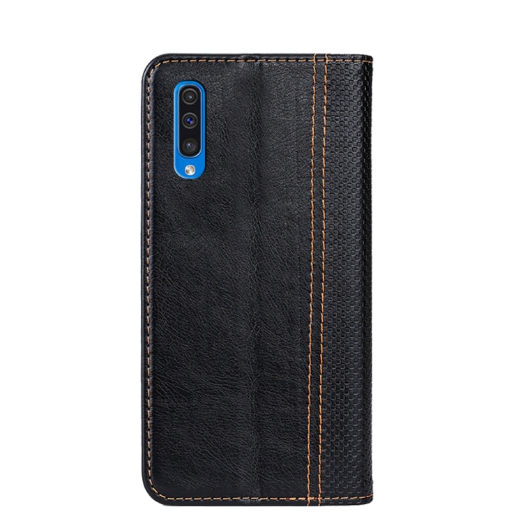 For Samsung Galaxy A50 Grid Texture Magnetic PU + TPU Horizontal Flip Leather Case with Holder & Card Slot