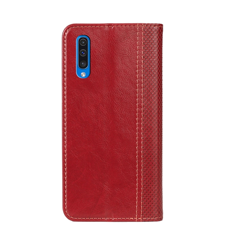 For Samsung Galaxy A50 Grid Texture Magnetic PU + TPU Horizontal Flip Leather Case with Holder & Card Slot